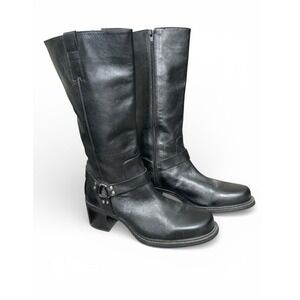 Black Leather Tall Moto Biker Block Heel Boots Brazil Women's 9 Bikercore Street